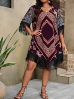 Rochie Scurta Zarine Grena cu Print Geometric -Marimi Mari - imagine 4