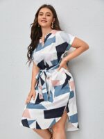 Rochie Midi Catalina Alba cu Print Geometric - Marimi Mari