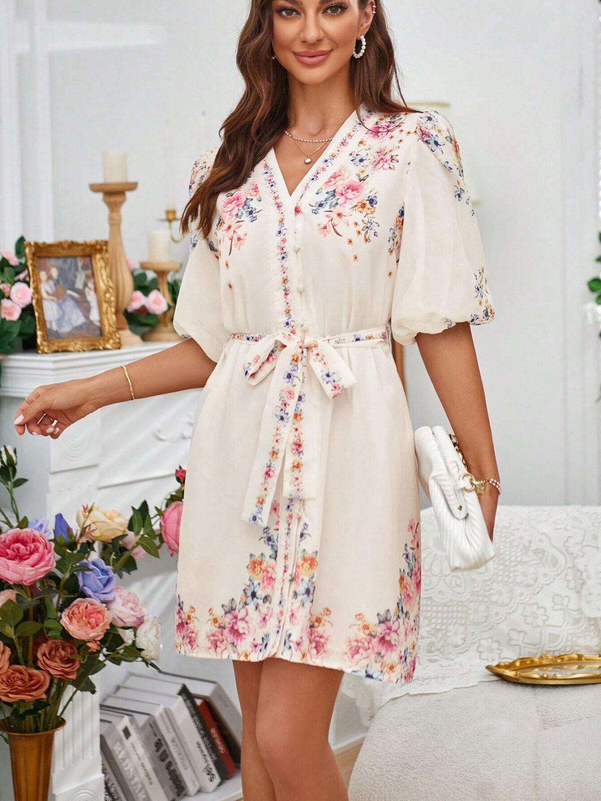 Rochie Scurta Micola Bej cu Print Floral