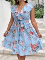 Rochie Scurta Leia Bleu Inflorata - Marimi Mari