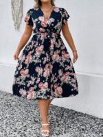 Rochie Midi Alora Bleumarin Inflorata - Marimi Mari