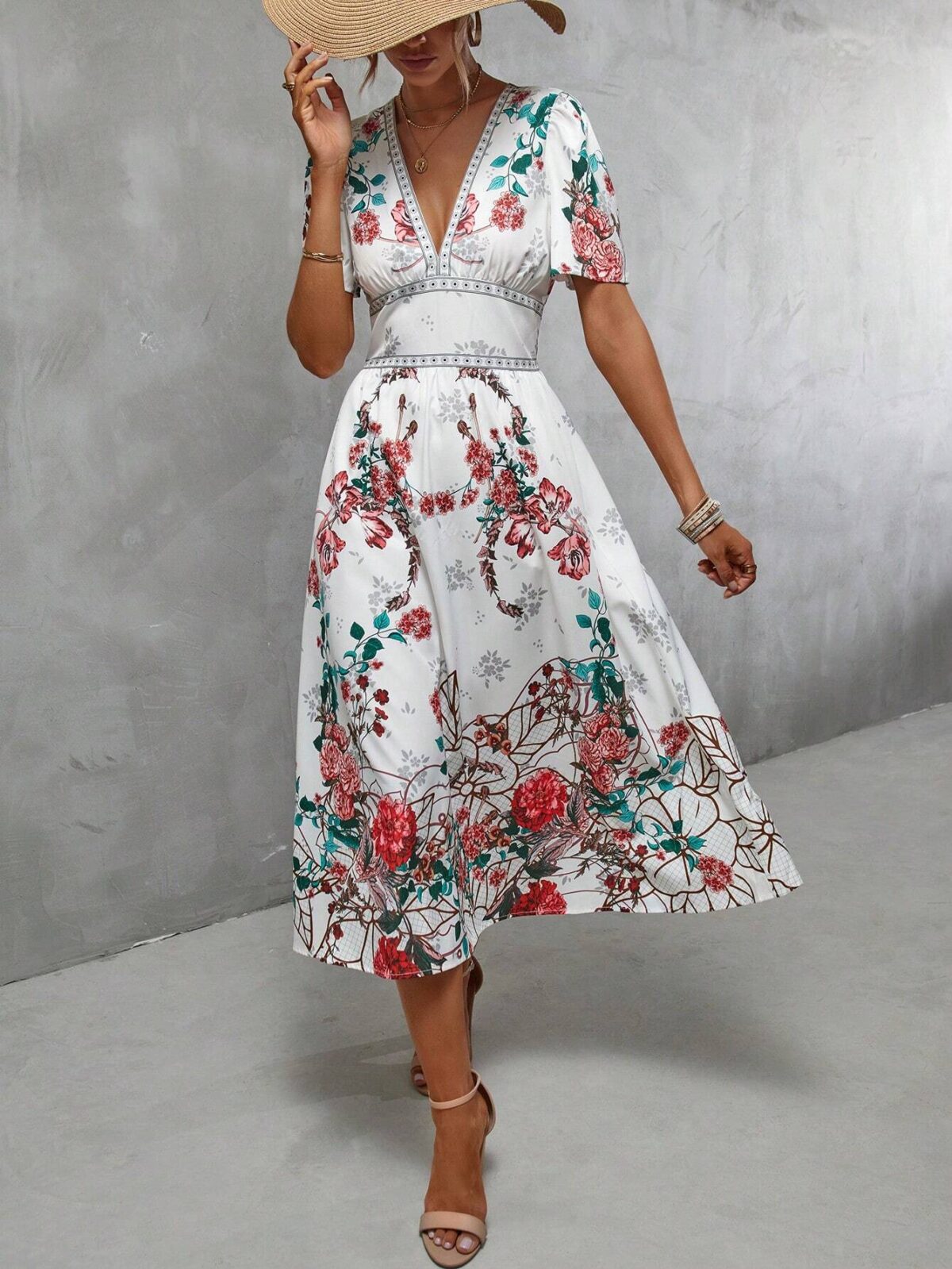 Rochie Midi Sutton Alba cu Print Floral