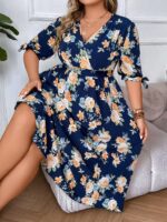 Rochie Midi Autumn Albastra cu Flori - Marimi Mari