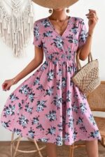 Rochie Scurta Cairi Roz cu Print Floral Bleu