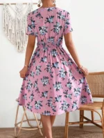 Rochie Scurta Cairi Roz cu Print Floral Bleu - imagine 2