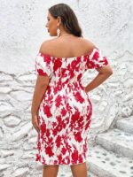 Rochie Scurta Imke Alba cu Print Floral Rosu - Marimi Mari - imagine 2