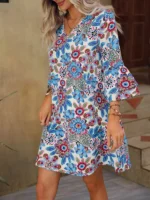 Rochie Scurta Jaden Alba cu flori Bleu - imagine 3