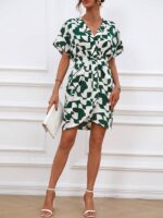 Rochie Scurta Saria Alba cu Print Verde - imagine 3