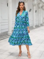 Rochie Lunga Perlina Albastra cu Print Geometric - imagine 2