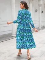 Rochie Lunga Perlina Albastra cu Print Geometric - imagine 3