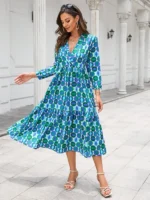 Rochie Lunga Perlina Albastra cu Print Geometric - imagine 4