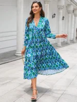 Rochie Lunga Perlina Albastra cu Print Geometric