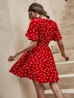 Rochie Scurta cu Decolteu in V Josela Rosie cu buline, cu cordon - imagine 2
