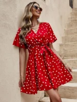 Rochie Scurta cu Decolteu in V Josela Rosie cu buline, cu cordon - imagine 4