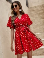 Rochie Scurta cu Decolteu in V Josela Rosie cu buline, cu cordon - imagine 3