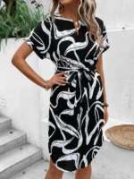 Rochie Scurta cu Cordon Melita Neagra cu Print Geometric - imagine 3
