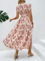 Rochie Midi Alfony Bej cu Flori Roz - imagine 2