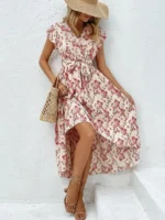 Rochie Midi Alfony Bej cu Flori Roz - imagine 3