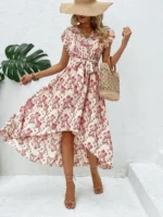Rochie Midi Alfony Bej cu Flori Roz - imagine 4