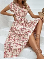 Rochie Midi Alfony Bej cu Flori Roz - imagine 5