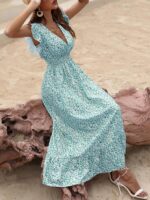 Rochie Lunga Fobol cu Flori Bleu - imagine 3