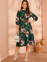 Rochie Lunga Olavia Verde cu Print Inflorat