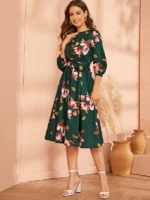 Rochie Lunga Olavia Verde cu Print Inflorat - imagine 3