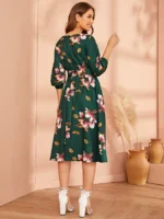 Rochie Lunga Olavia Verde cu Print Inflorat - imagine 2