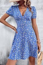 Rochie Scurta Aglaia Albastra cu Print Floral