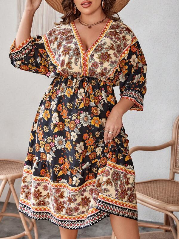 281-1 Rochie Midi Andradia cu Model Floral - Marimi Mari - imagine 1