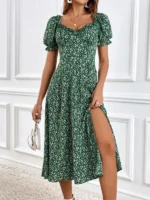 Rochie Lunga Vineke Verde cu Flori Albe