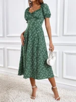 Rochie Lunga Vineke Verde cu Flori Albe - imagine 2