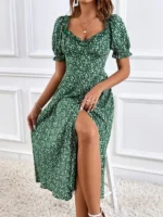 Rochie Lunga Vineke Verde cu Flori Albe - imagine 3