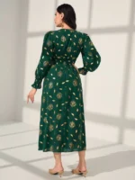Rochie Lunga Kriste Verde cu Model Auriu cu Flori - imagine 2