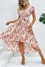 Rochie Midi Alfony Bej cu Flori Roz