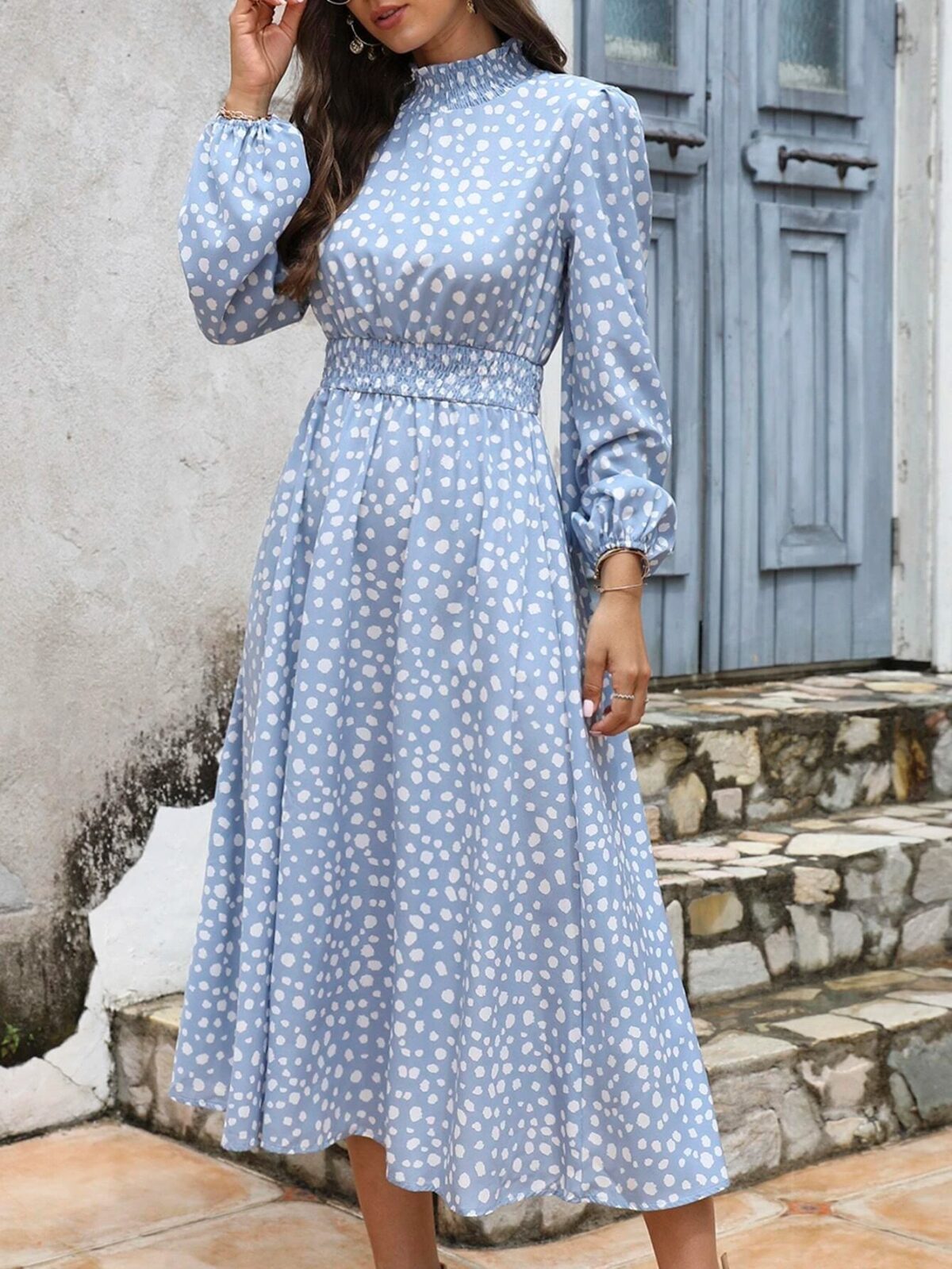 Rochie Midi Milda Bleu cu Buline - imagine 1
