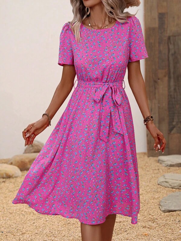 483-1 Rochie Midi Sella Roz Inflorata - imagine 1