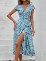 Rochie Lunga Cristel Albastru cu Flori