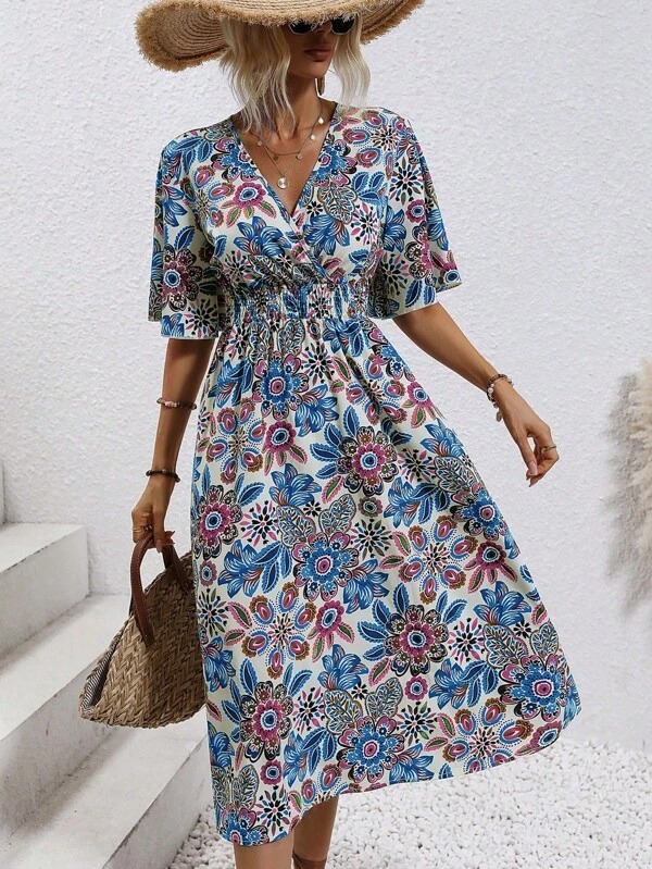 754 Rochie Midi Saimy Bej Inflorata - imagine 1