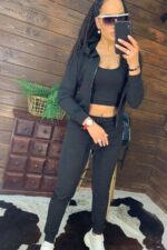 Trening Dama 3 piese format din pantalon bustiera si bluza cu fermoar Alanos Negru - imagine 12