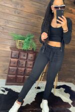 Trening Dama 3 piese format din pantalon bustiera si bluza cu fermoar Alanos Negru - imagine 10