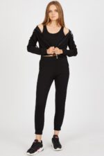 Trening Dama 3 piese format din pantalon bustiera si bluza cu fermoar Alanos Negru - imagine 13
