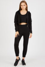 Trening Dama 3 piese format din pantalon bustiera si bluza cu fermoar Alanos Negru - imagine 14