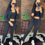 Trening Dama 3 piese format din pantalon bustiera si bluza cu fermoar Alanos Negru - imagine 4