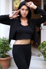 Trening Dama 3 piese format din pantalon bustiera si bluza cu fermoar Alanos Negru - imagine 7