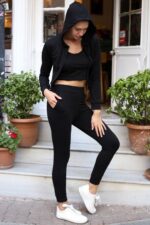 Trening Dama 3 piese format din pantalon bustiera si bluza cu fermoar Alanos Negru