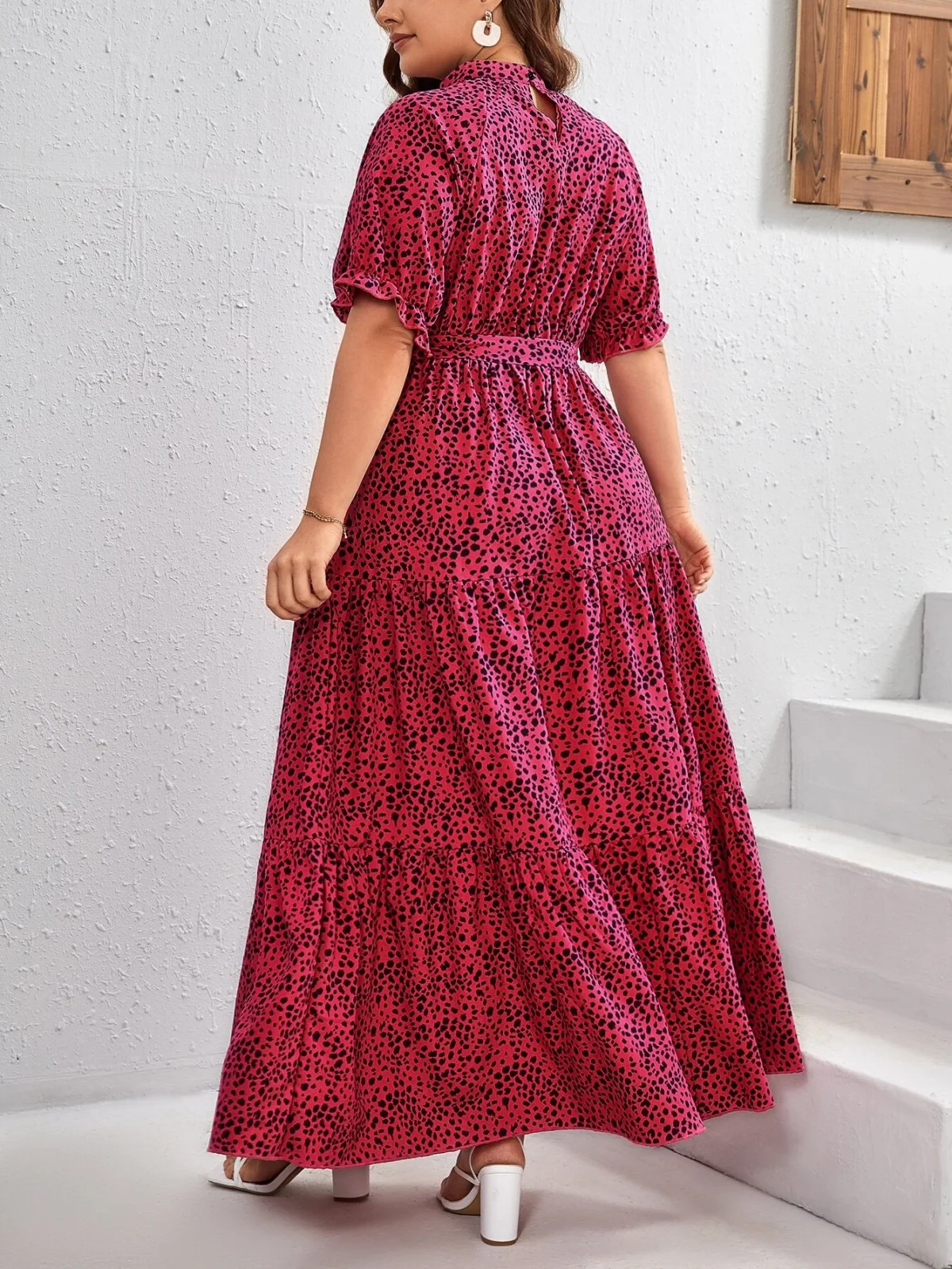 Rochie Lunga Calina Fucsia cu buline Negre - Marimi Mari - imagine 2