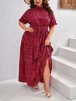Rochie Lunga Calina Fucsia cu buline Negre - Marimi Mari - imagine 4