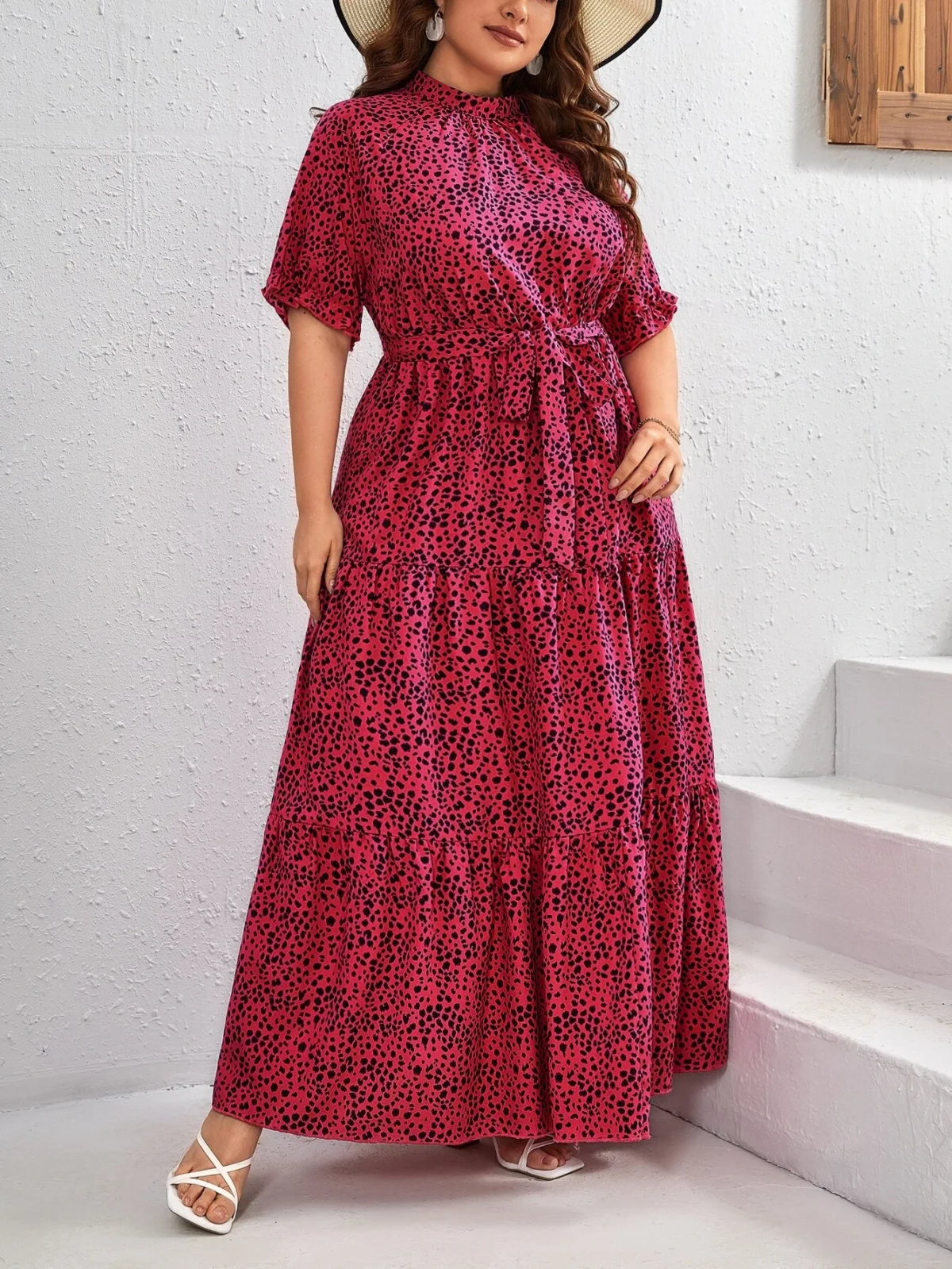 Rochie Lunga Calina Fucsia cu buline Negre - Marimi Mari - imagine 3