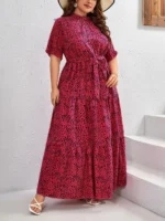 Rochie Lunga Calina Fucsia cu buline Negre - Marimi Mari - imagine 3